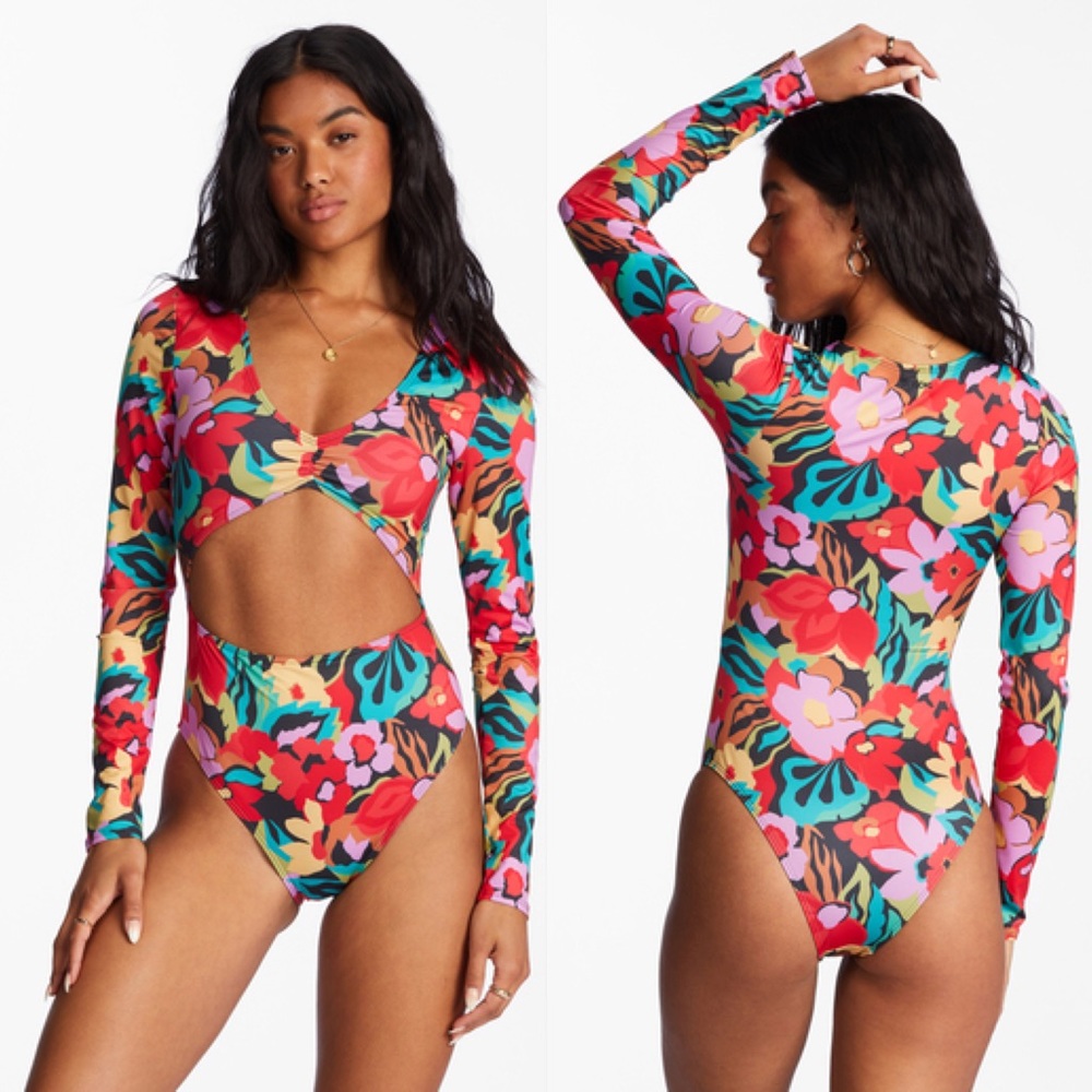 Billabong Floral Cutout One-Piece Swimsuit in Red, Pink, Green, Blue
